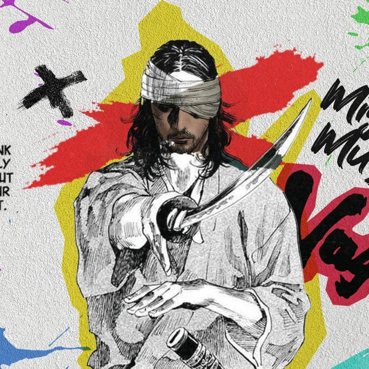 Miyamoto Musashi from Vagabond in an ink and mixed-color collage poster.