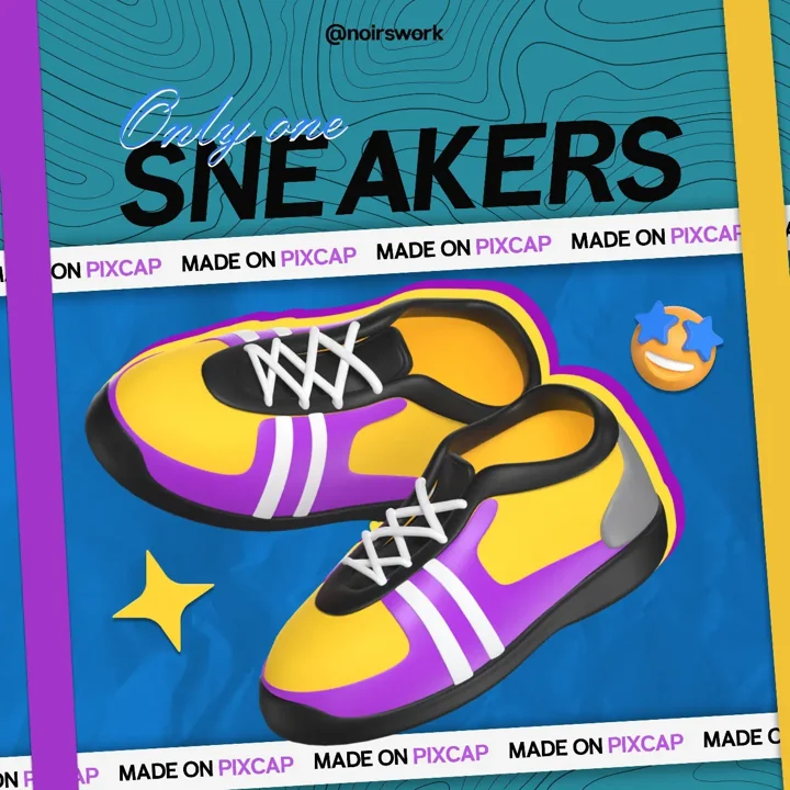 Yellow and violet 3D sneakers floating in a blue and teal graphic composition.